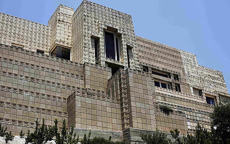 The 1924 Ennis House, designed by Frank Lloyd Write, is shown in the Hollywood Hills in Los Angeles, Friday, June 19, 2009. The badly damaged house that offers breathtaking views of the Hollywood Hills and has appeared in several movies is being sold for $15 million. (AP Photo/Philip Scott Andrews)